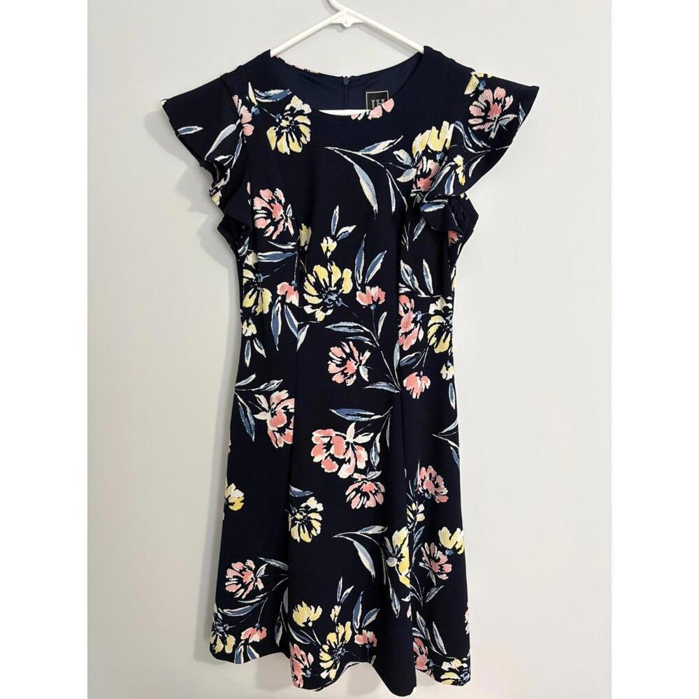 JH Dress Navy with Floral Print A-Line Flutter Sleeve Stretch Size 6 Pockets